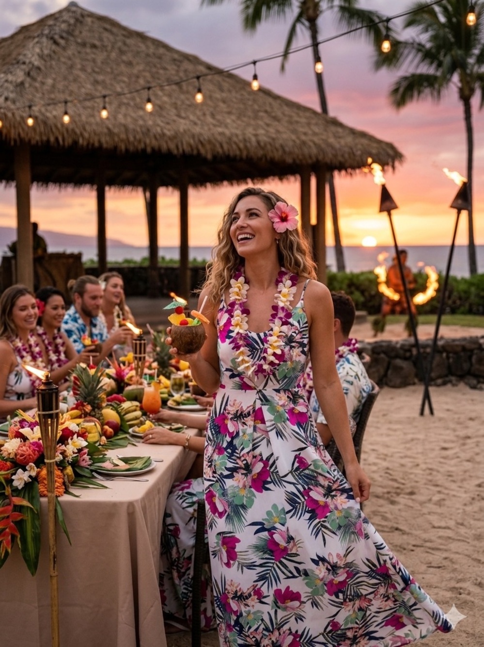 H&M White Floral Maxi Dress with Pink & Green Tropical Print